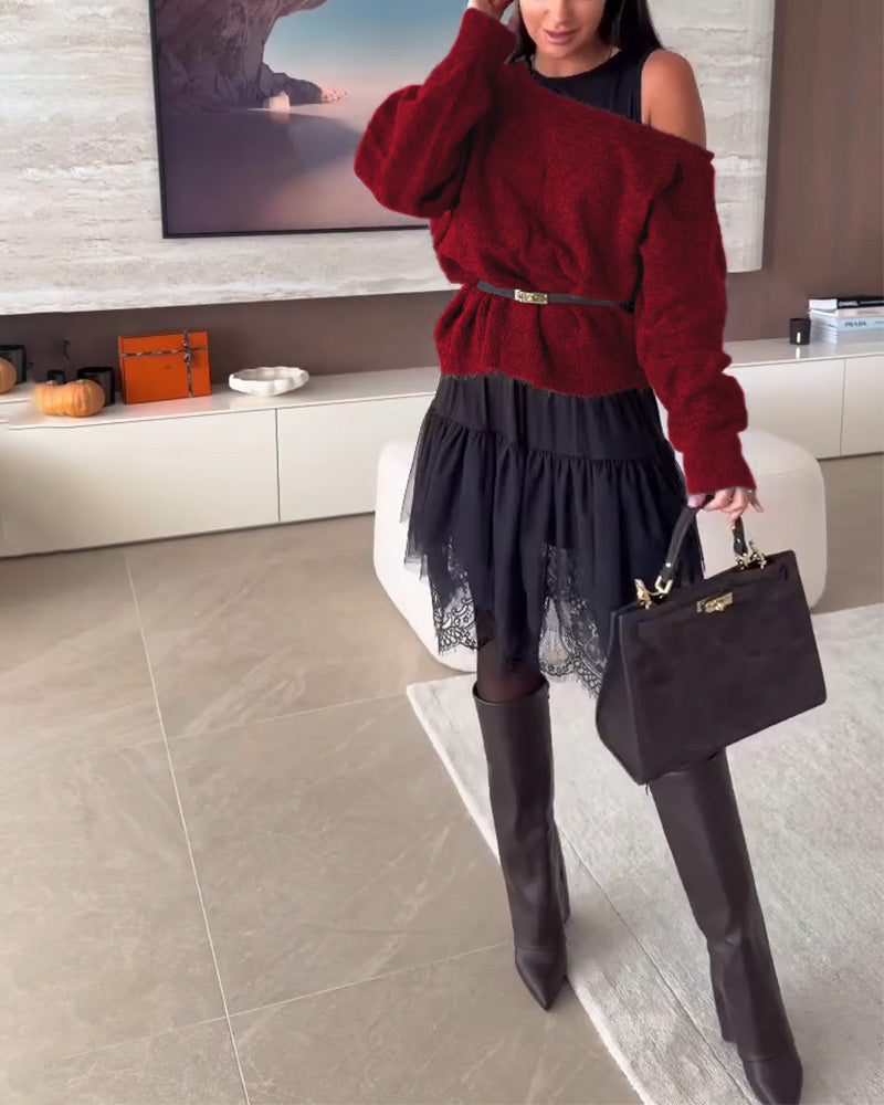 Off-Shoulder Luźny Sweter & Koronka Brzeg Sukienka