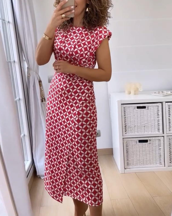 Elegancka sukienka bez rękawów z geometrycznym nadrukiem i okrągłym dekoltem