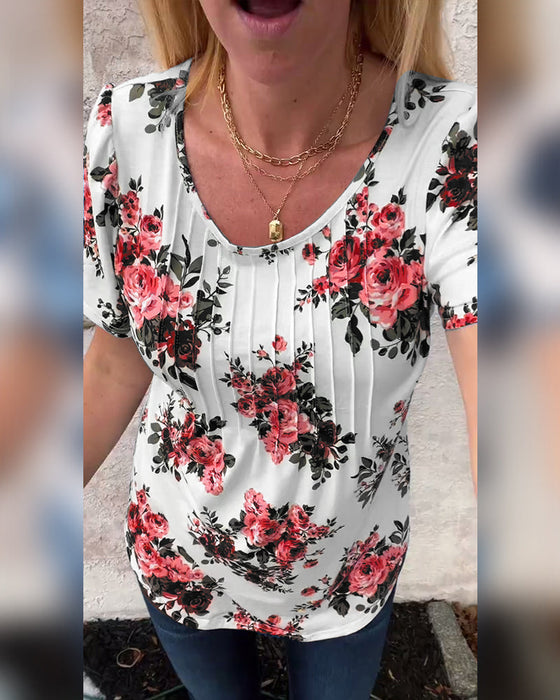 T-Shirt Z Okrągłym Dekoltem Kwiatowy Nadruk Plisowany