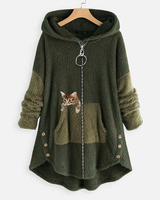 Płaszcz z kapturem i uroczym nadrukiem kota