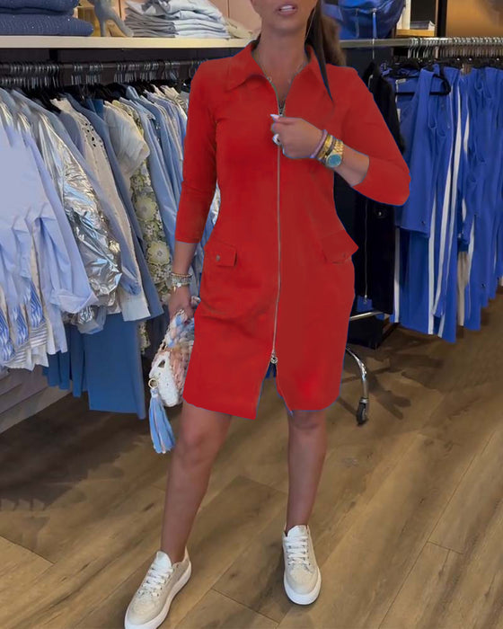 Sukienka Kołnierz Jednokolorowy Zamek Długi Rękaw