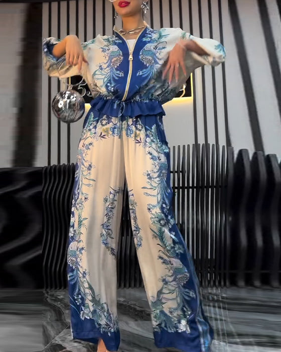 Garnitur o Szerokich Nogawkach Temperament Stójka Zamek Błyskawiczny