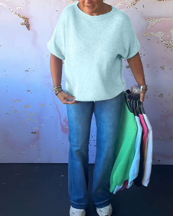 Luźny jednokolorowy swobodny sweter z okrągłym dekoltem