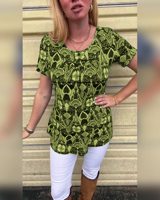 Koszulka casual retro okrągły dekolt nadruk