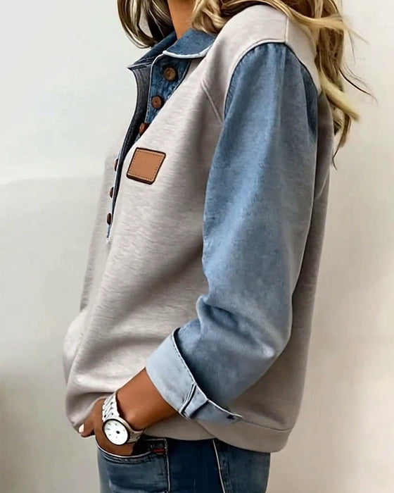 Bluza Dresowa Stylowa Dżins Patchwork Długi Rękaw