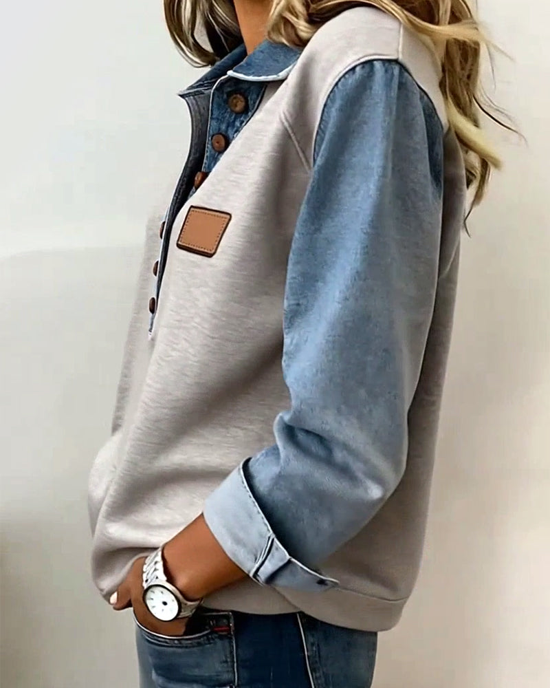 Bluza Dresowa Stylowa Dżins Patchwork Długi Rękaw