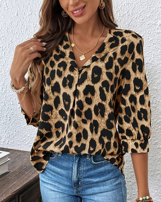 Bluzka 3/4 Rękaw Leopardzi Nadruk Luźna