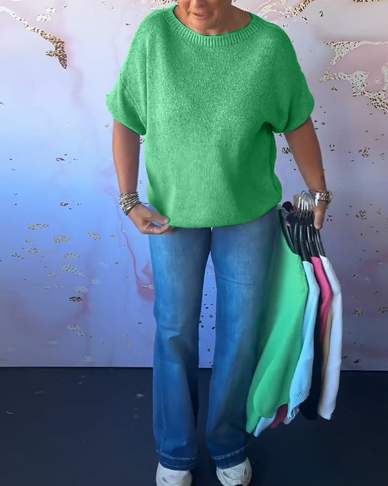 Luźny jednokolorowy swobodny sweter z okrągłym dekoltem