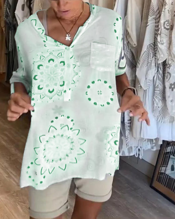 Bluzka Uniwersalna Dekolt W S Nadruk Połdługie Rękawy