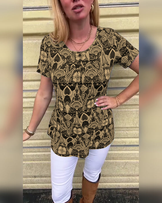 Koszulka casual retro okrągły dekolt nadruk