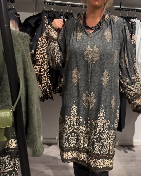 Sukienka z nadrukiem w stylu vintage, zapinana na guziki i klapy