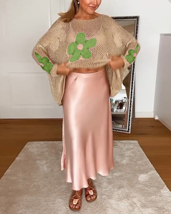 Sweterek z długim rękawem i okrągłym dekoltem w kwiaty