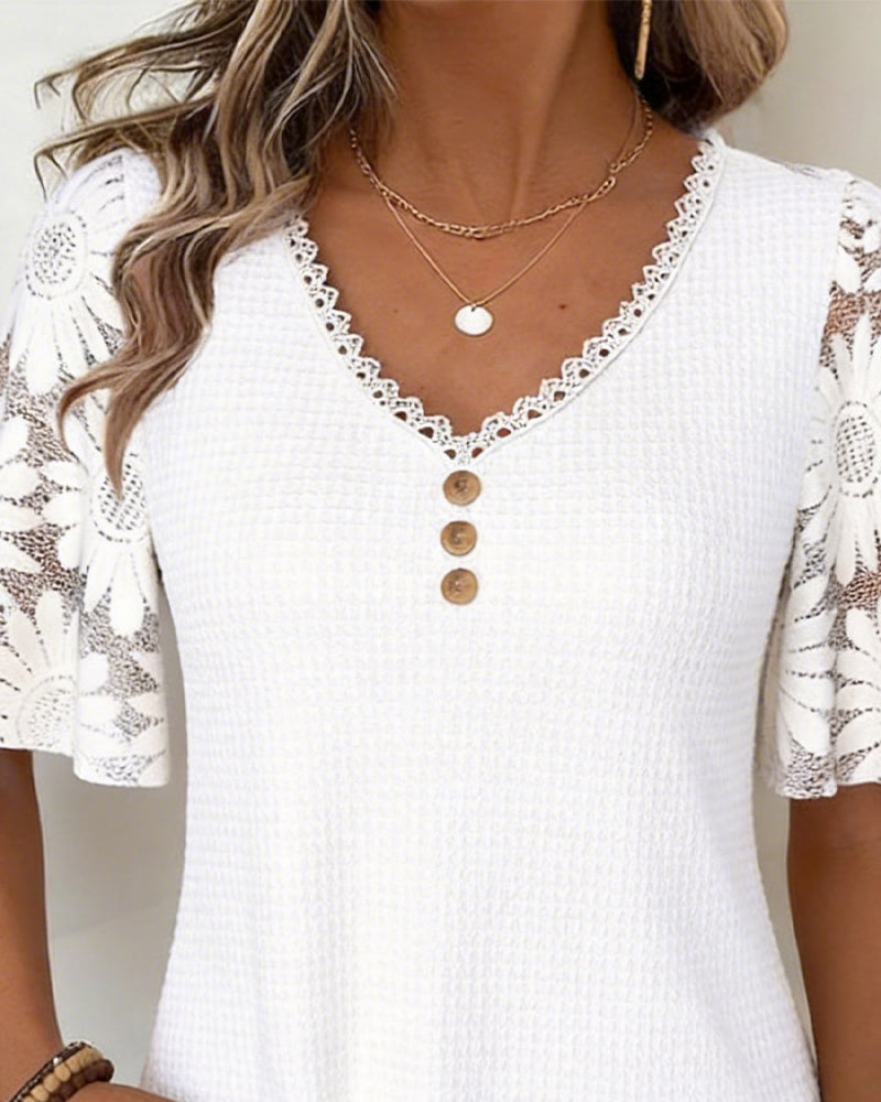 Bluzka Koronka Stokrotka Patchwork Z Dekoltem W Szyję