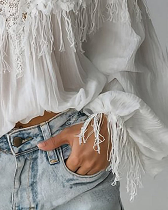 Top Na Ramiączkach Typu Off-The-Shoulder Z Koronką I Frędzlami