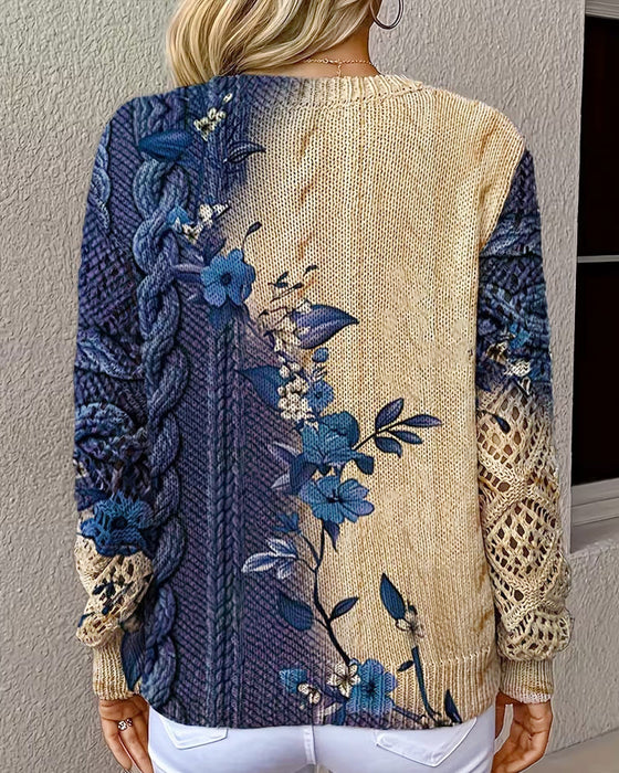 Pullover Gradient Blok Kolorów Kwiatowy Dekolt W Wycięcie