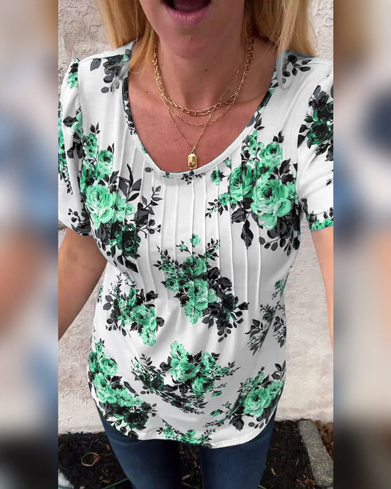 T-Shirt Z Okrągłym Dekoltem Kwiatowy Nadruk Plisowany