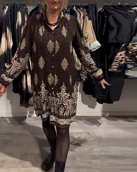 Sukienka z nadrukiem w stylu vintage, zapinana na guziki i klapy