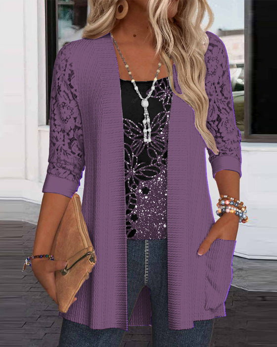 Casualowy top z motylkowym, koronkowym patchworkiem i kieszeniami