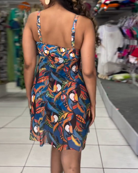 Strój Kąpielowy Jednoczęściowy Kolorowy Drukowany Z Rozcięciem Na Ramiączkach