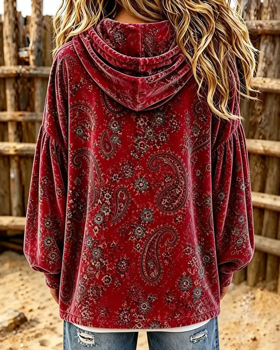 Hoodie Paisley Druk Aksamit