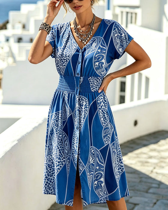 Sukienka Lampart Wzór V-Neck Guzik Talia