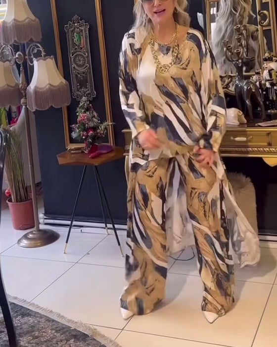 Elegancki dwuczęściowy komplet z nieregularnym nadrukiem