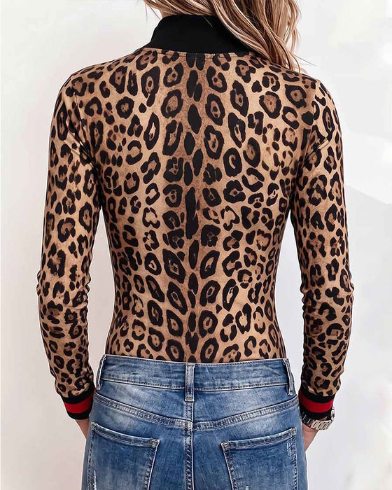 Top Wzór Panterki Half-Zip Długi Rękaw