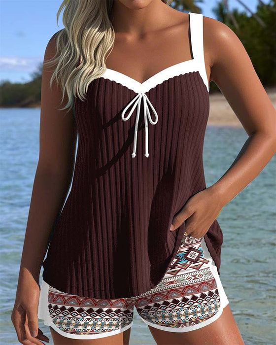 Tankini Prążkowane Szorty Plażowe Nadruk Bokserki