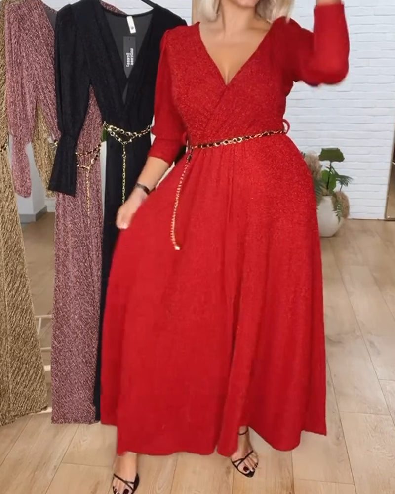 Stylowa Sukienka W Jednolitym Kolorze Z Dekoltem W Serek