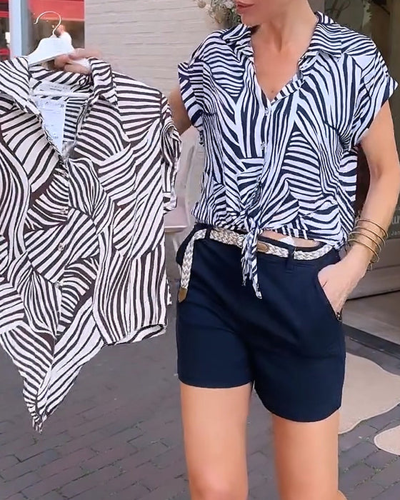 Bluzka Zebra Druk Klapa Krótki Rękaw
