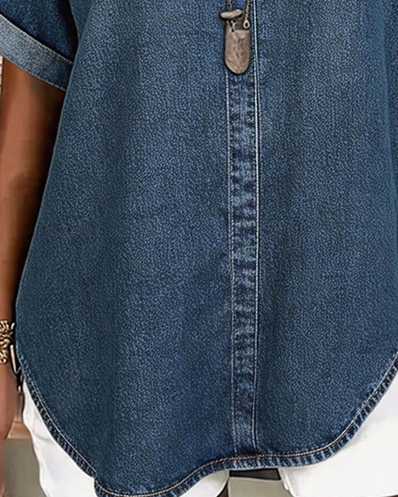 Bluzy V-Szyja Denim Krótki Rękaw