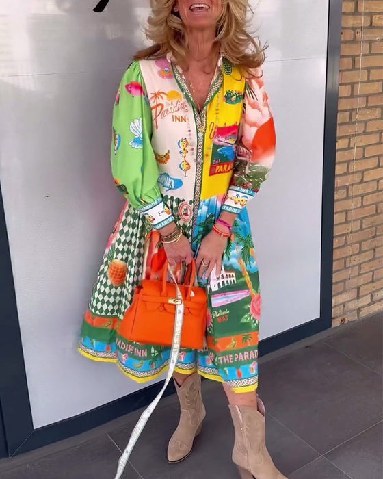 Sukienka z długim rękawem i kolorowym nadrukiem