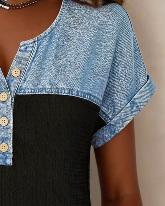 Bluzka Denim Patchwork Krótki Rękaw