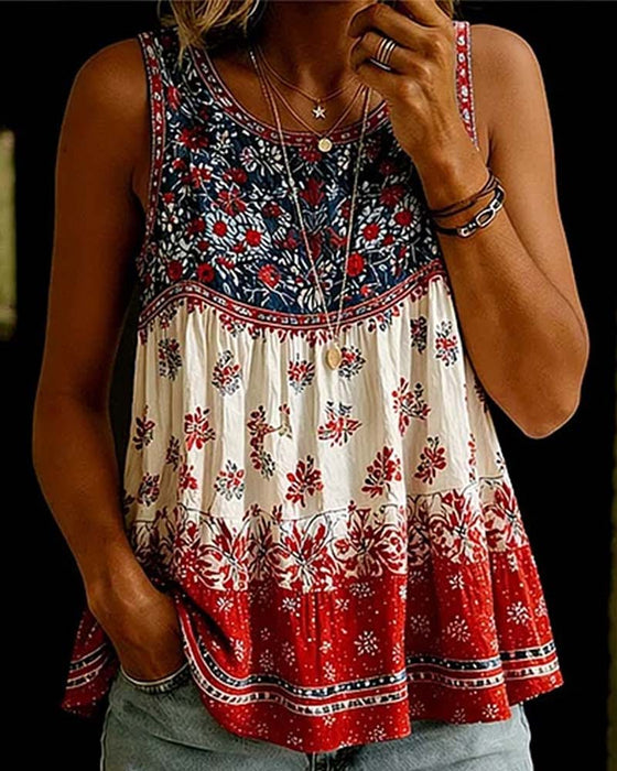 Tank Top Bez Rękawów Okrągły Dekolt Bohemian