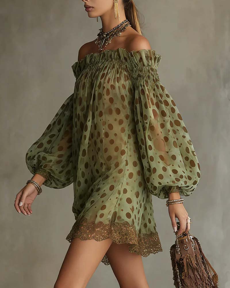 Sukienka Lampart-Wzór Off-Shoulder Koronka Patchwork