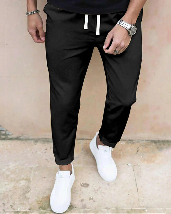 Męskie Spodnie Jednokolorowe Ściągacz Slim Fit Skrócone