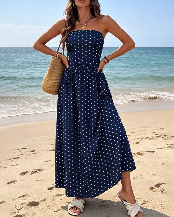 Sukienka Bandeau W Kropki Linia A Długa