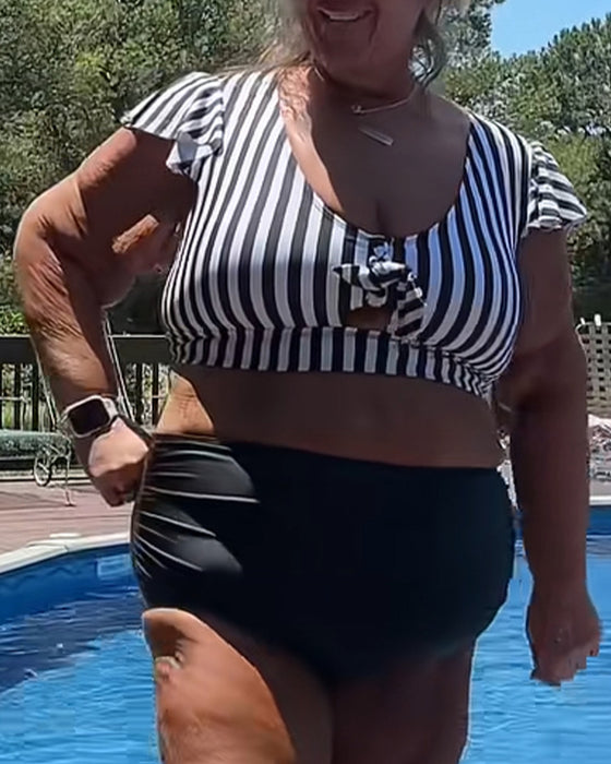 Bikini W Paski Rękaw Motylkowy Dekolt U