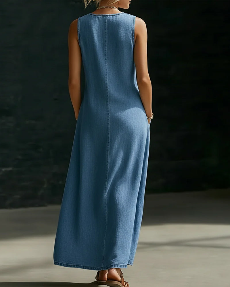 Sukienka Bez Rękawów Guzik Asymetryczny Denim