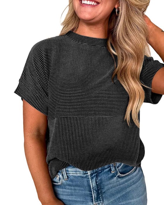 T-Shirt W Paski Krótki Rękaw Okrągły Dekolt