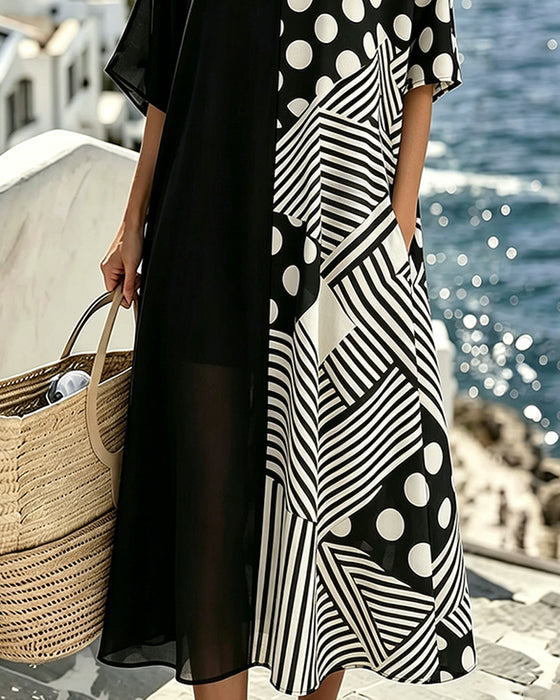 Sukienka V-Szyja Polka Dot Pasek Patchwork