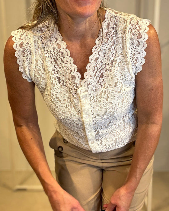 Koronkowa elegancka bluzka bez rękawów z dekoltem w kształcie litery V