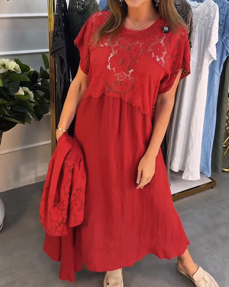 Sukienka Elegancka Koronkowe-Wykończenie Patchwork Maxi