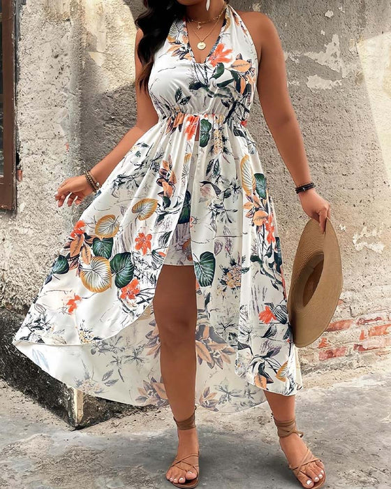 Set V-Szyjka Halter Sukienka Bez Rękawów + Szorty