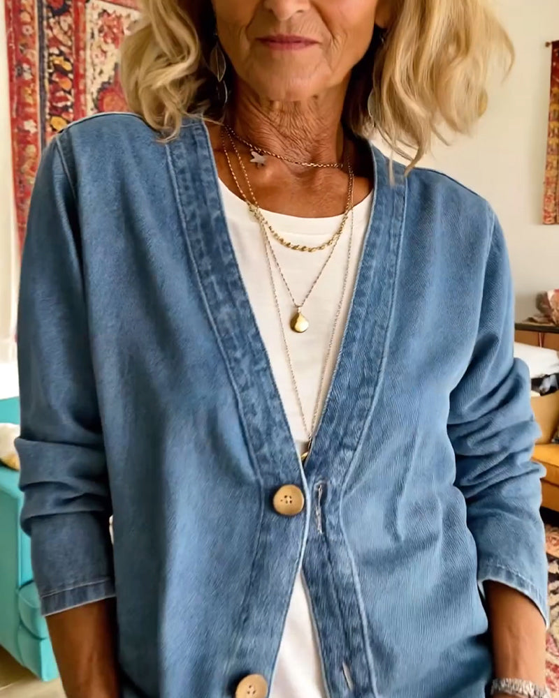 Płaszcz Denim Z Dekoltem W Szyję Kardigan