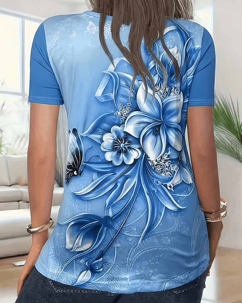 T-Shirt Kwiatowy V-Szyja Krótki Rękaw