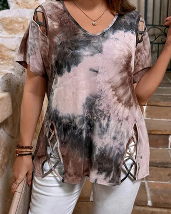 T-Shirt Wzór Serce Ażurowy Krótki Rękaw