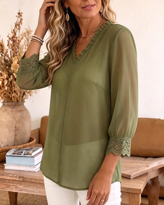 Bluzka V-Szyjka Ruffle Koronka Patchwork