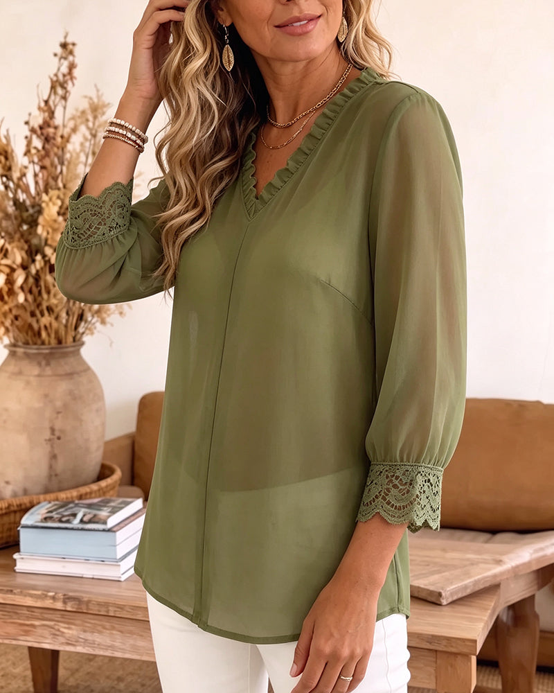 Bluzka V-Szyjka Ruffle Koronka Patchwork
