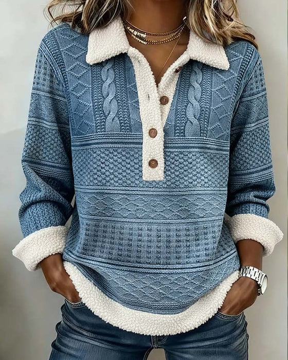 Bluza Z Kołnierzem Patchwork Modna Casual